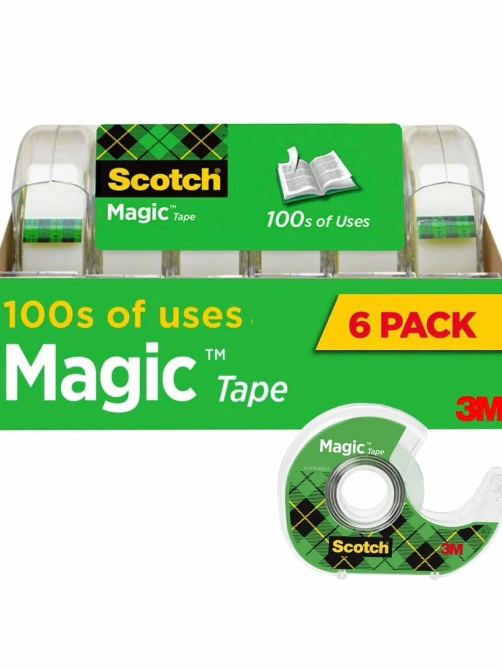 Scotch Magic Tape Dispensers 6-Pack — Clear Dispensers with Green Label